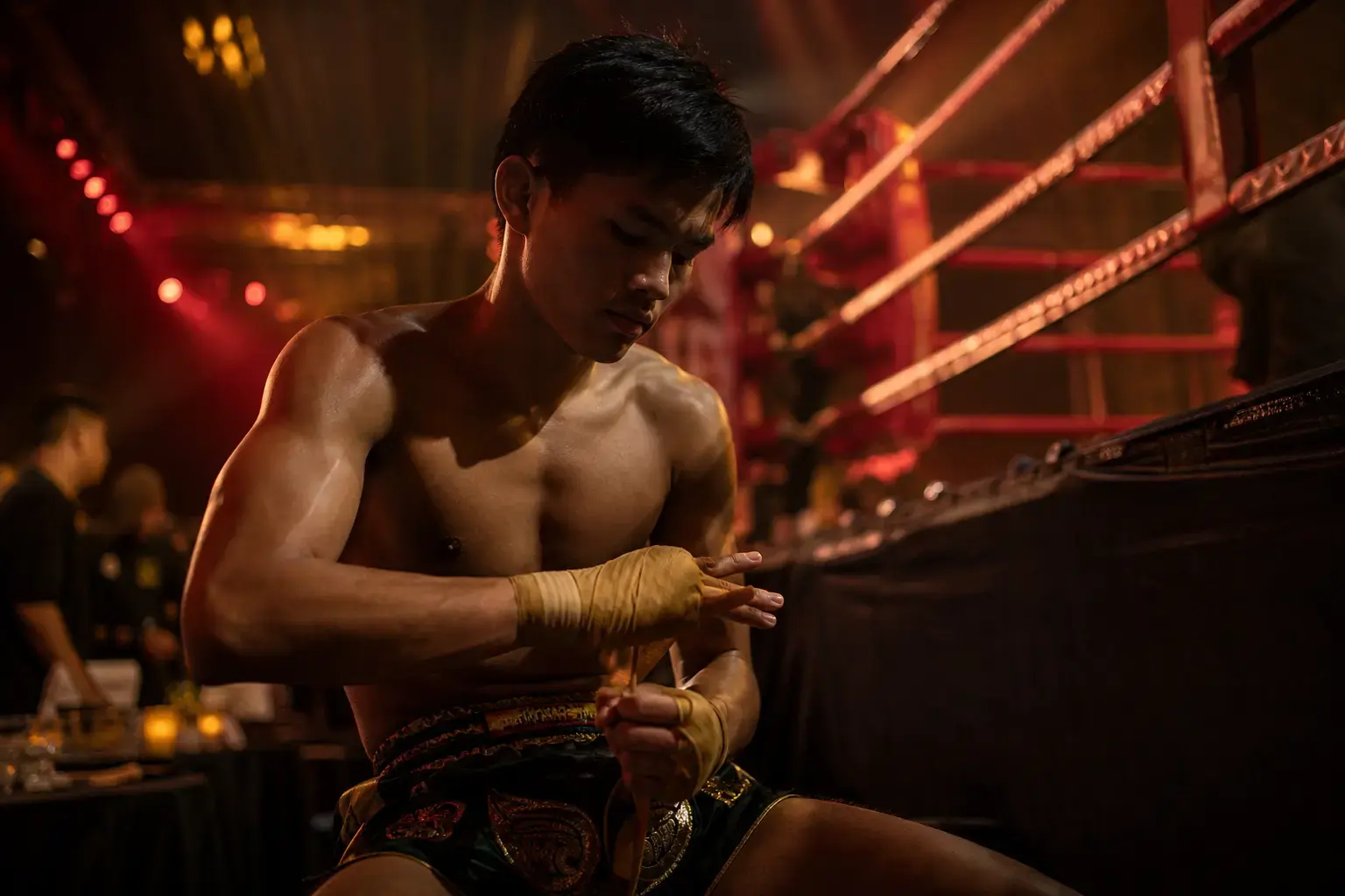 Fighter wrapping hands under ring lights