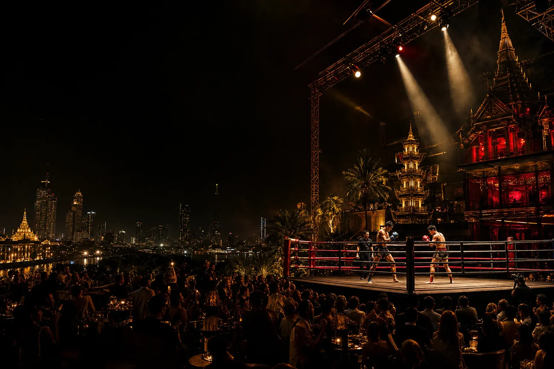 Spectacular Bangkok Fight Night ring with golden spotlights and crowd